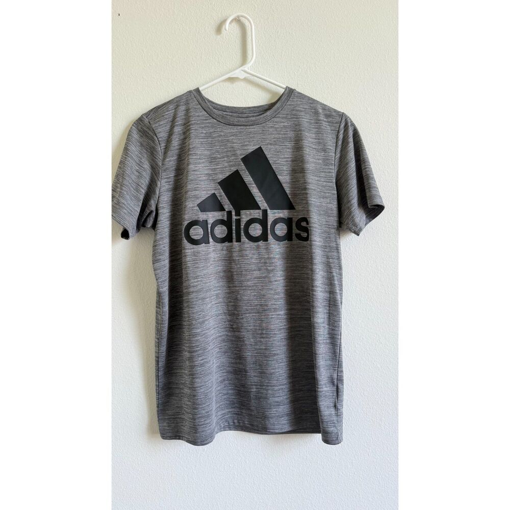Adidas Youth Large 14/16 Gray Black Logo Athletic Performance T Shirt Boys Girls
